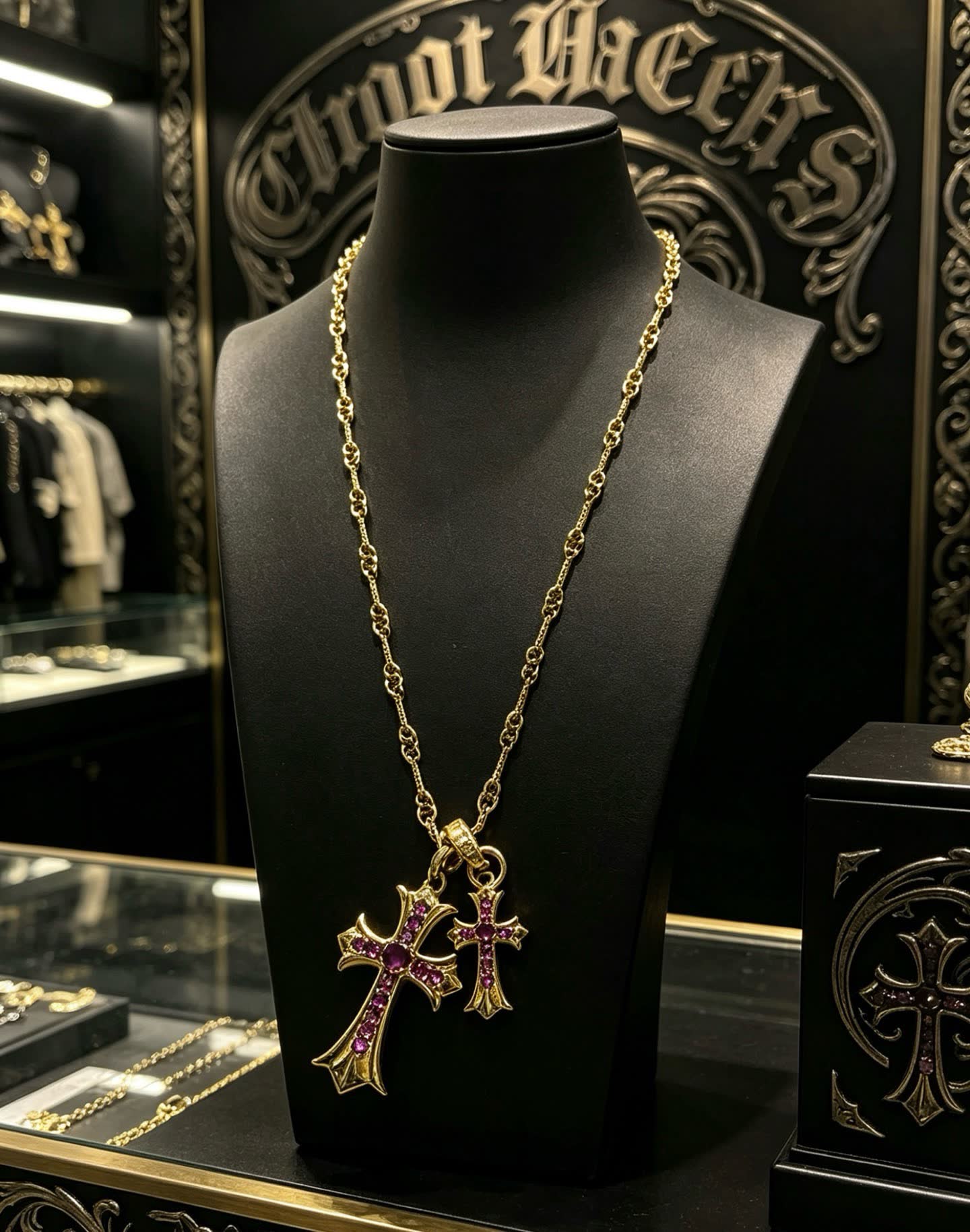 Chrome Hearts Gold Cross Pendant with Ruby Stones
